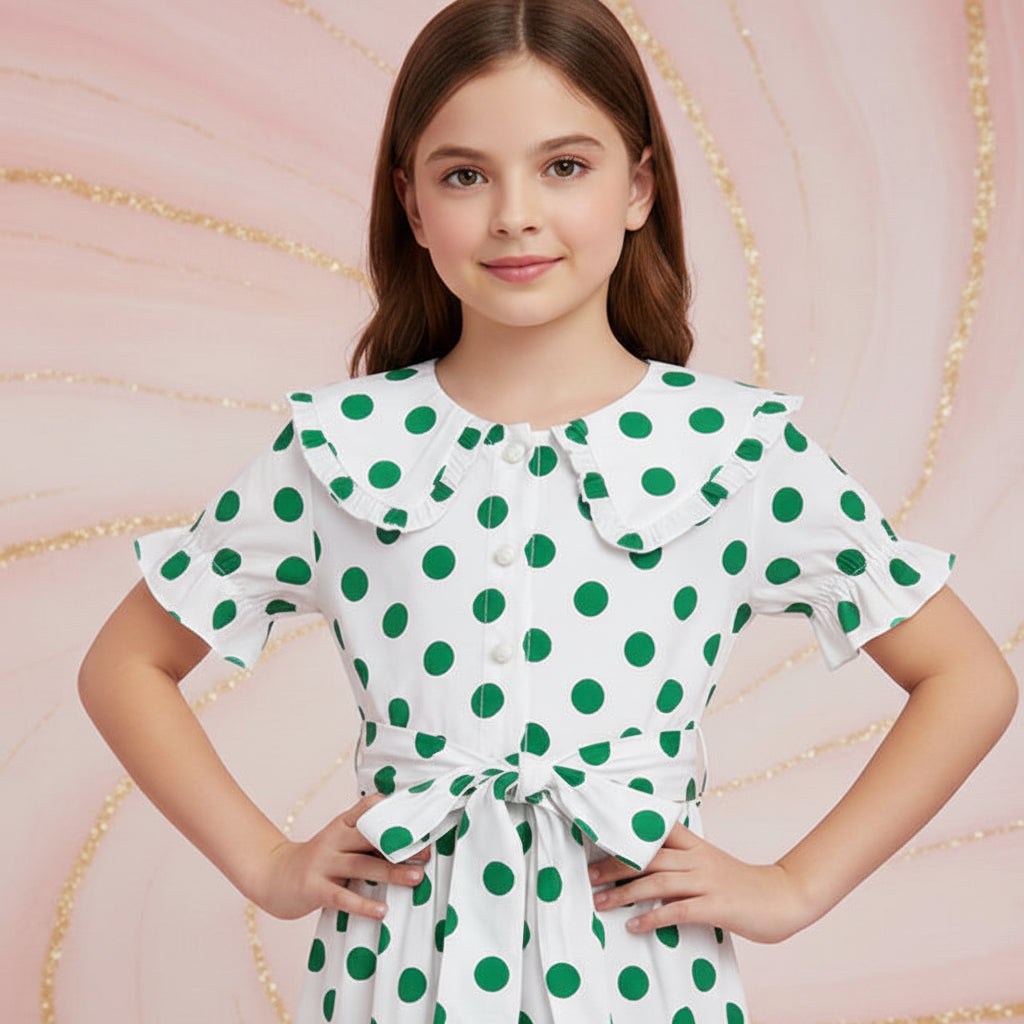 Girls' Polka Dot Tunic Top – Short Sleeve Tie-Waist Blouse (Ages 2-12) I MH