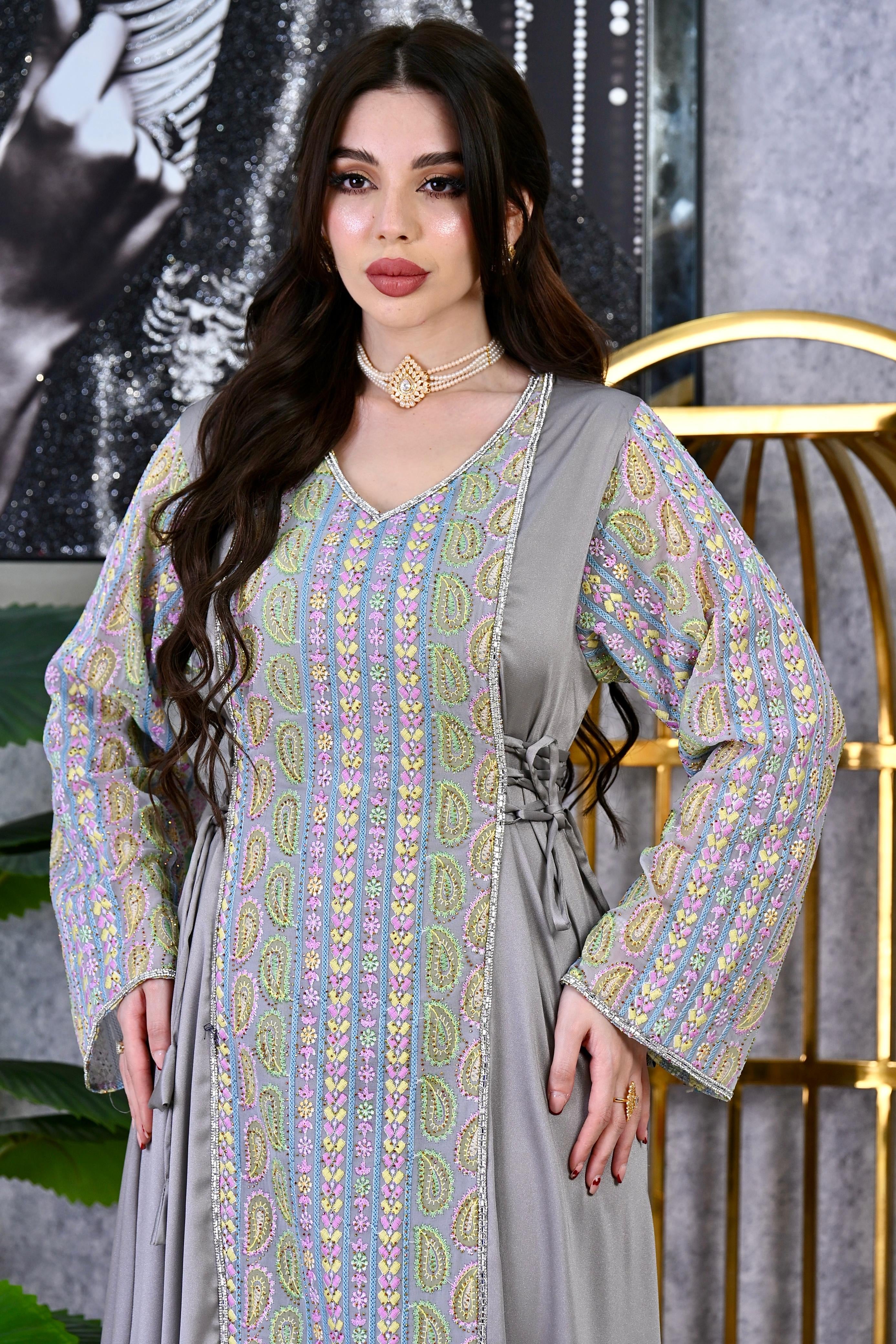 Crystal Panel Crepe Royal Tapestry Embroidered Dress with Adjustable Waist | Modest Evening Wear Dubai Occasion Kaftan | 4 Colors | Sizes F1-F2 | MH