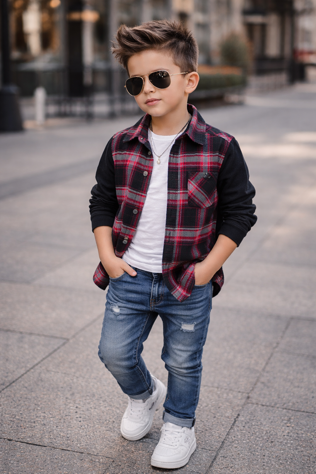 Trendy Kids Cotton Long Sleeve Shirt – Check Pattern & Knit Sleeve Design (1-12yrs)MH