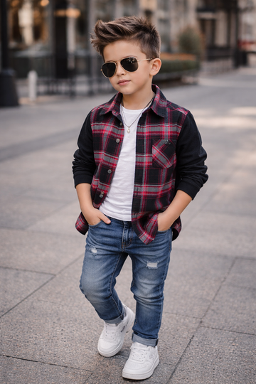 Trendy Kids Cotton Long Sleeve Shirt – Check Pattern & Knit Sleeve Design (1-12yrs)MH