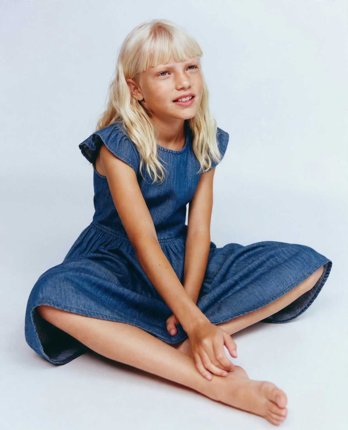 Girls Soft Denim Knee-Length Dress – Lightweight Flutter Sleeve Summer Outfit | Sizes (1-6Years) MH