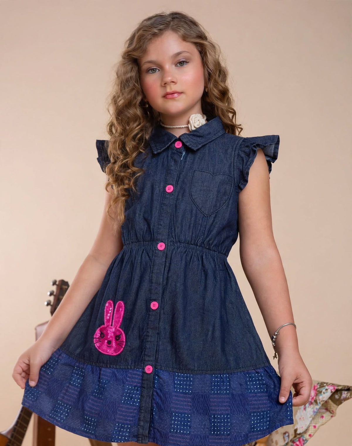 Girls Navy Blue Cap Sleeve Shirt Dress with Button Front & Cute Patch Detail (2–12 Years)