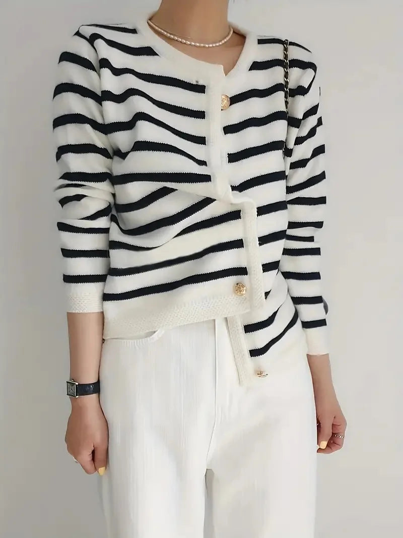 Chic Striped Cardigan Sweater Soft Long Sleeve Crew Neck Button.