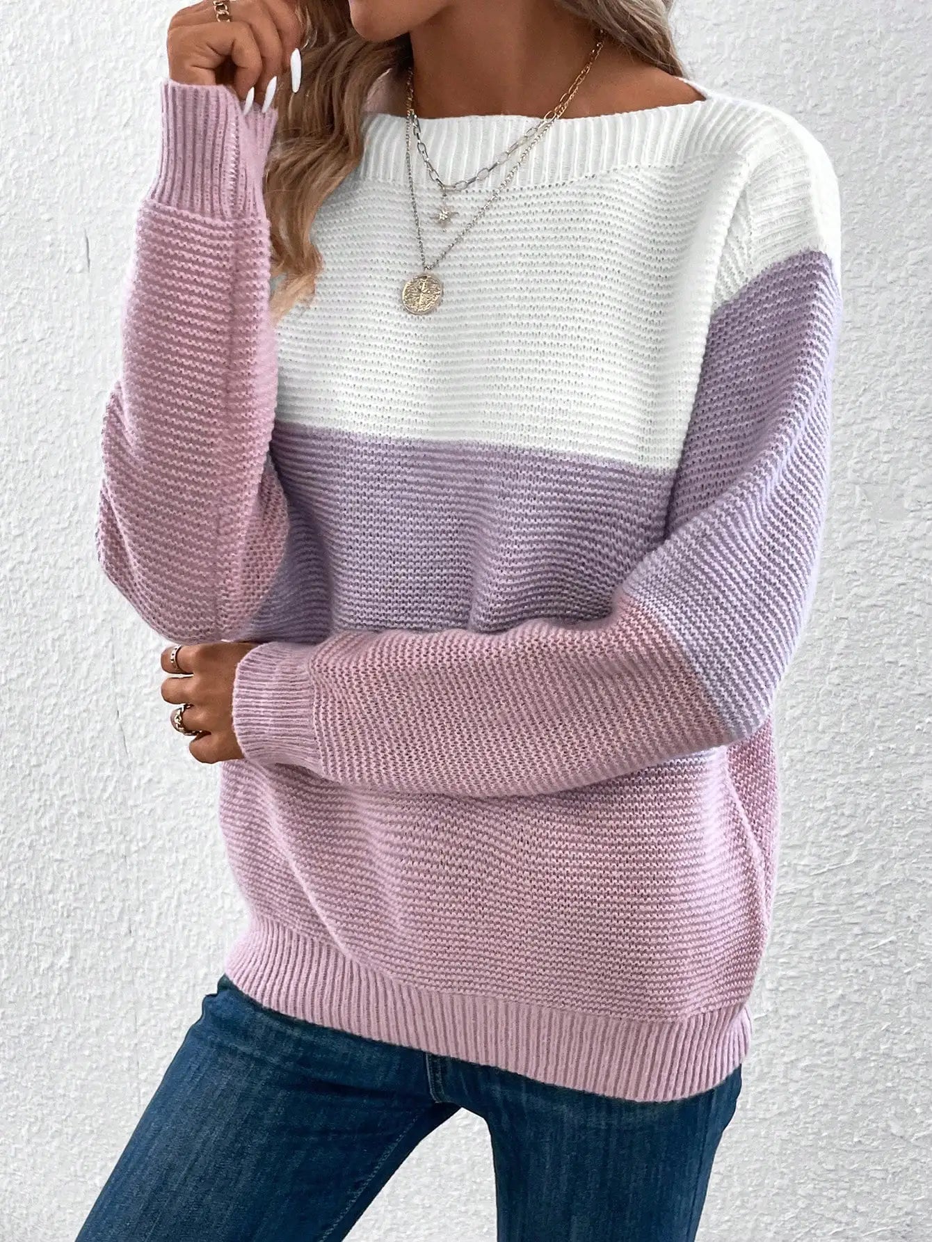 Elegant Three-color Patchwork Sweater Women Daily Commuter Casual .