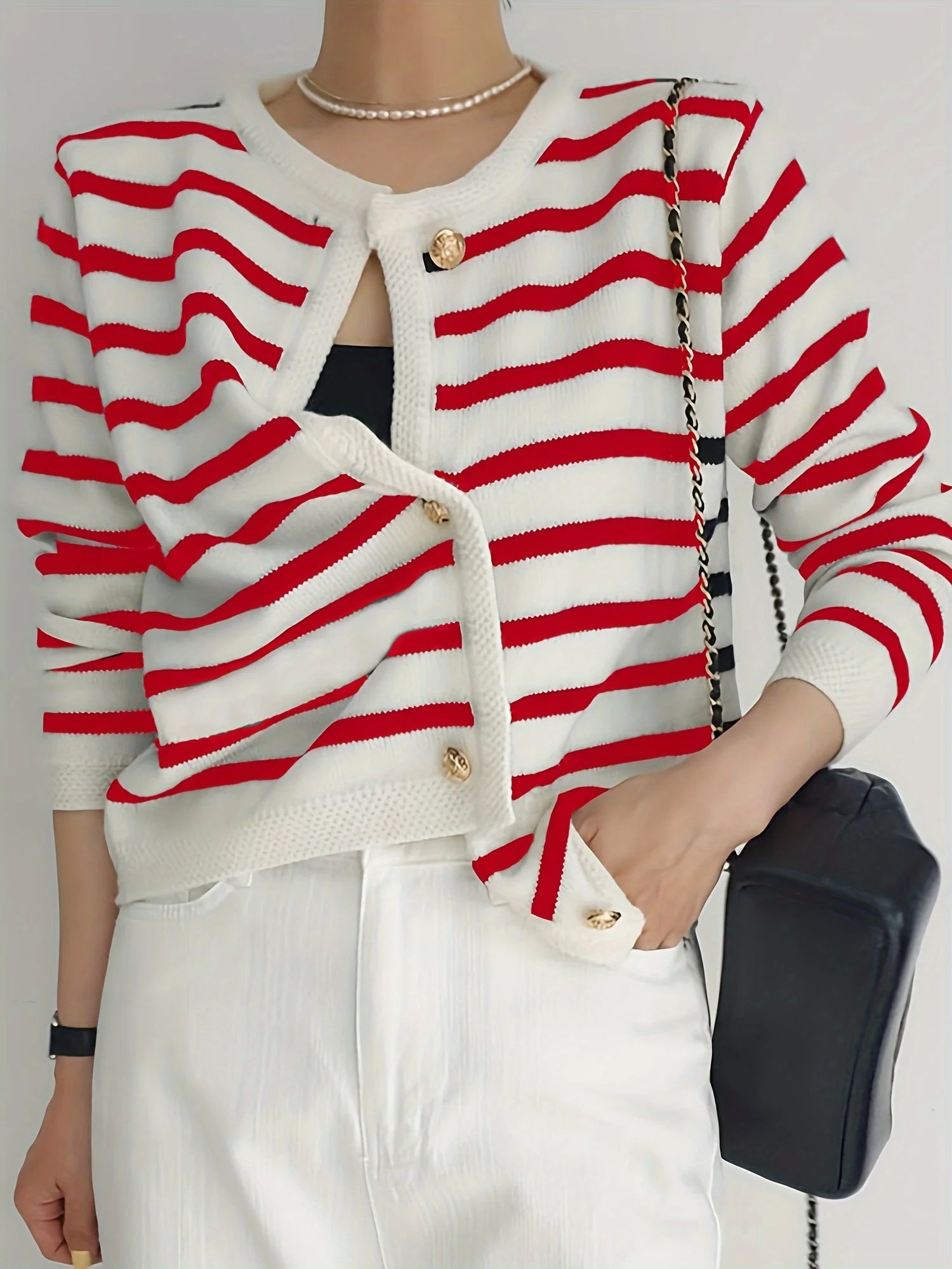 Chic Striped Cardigan Sweater Soft Long Sleeve Crew Neck Button.