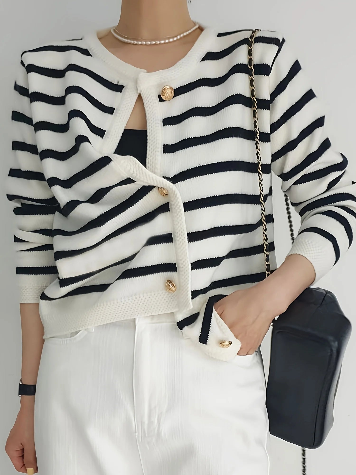 Chic Striped Cardigan Sweater Soft Long Sleeve Crew Neck Button.