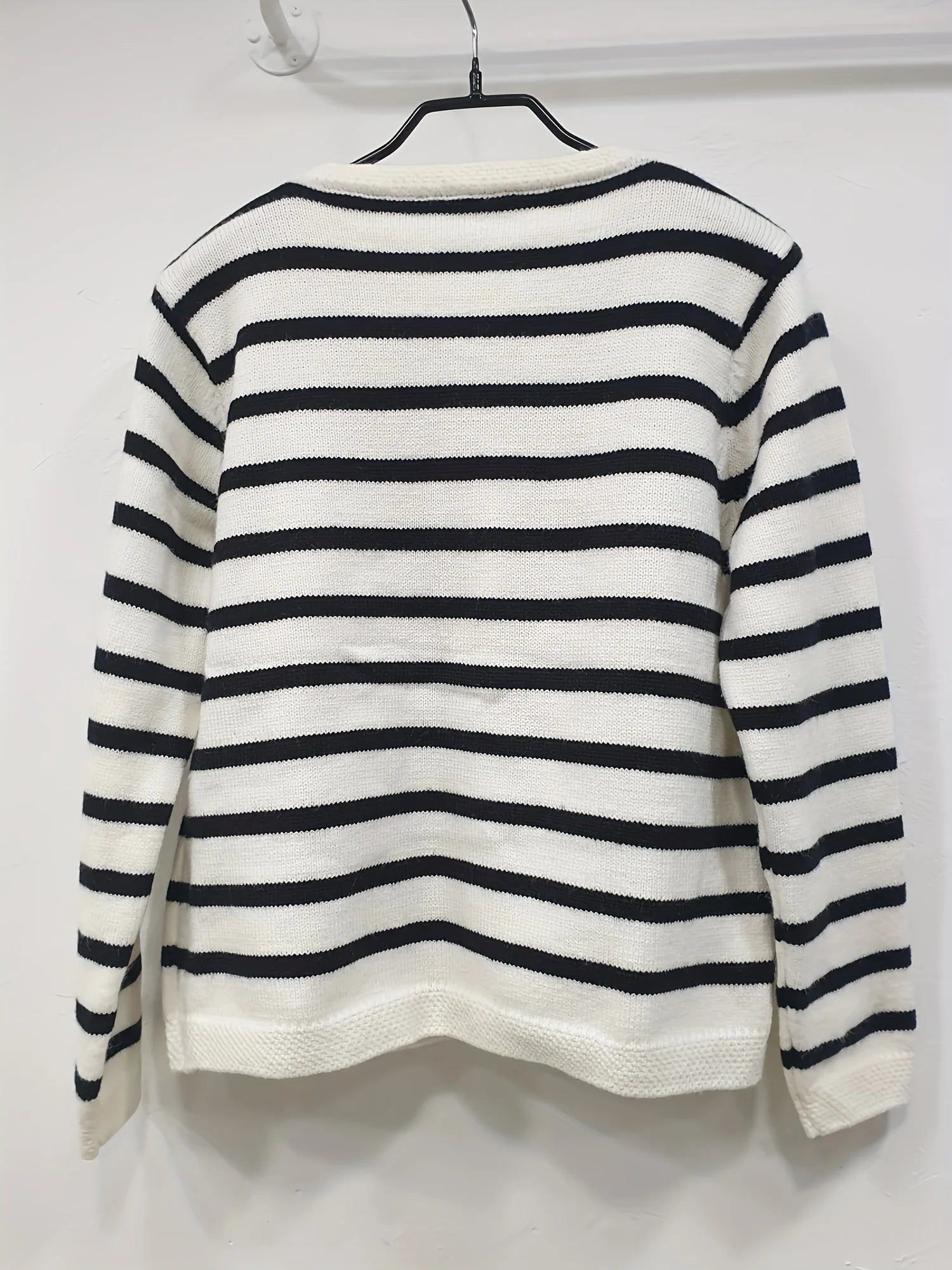 Chic Striped Cardigan Sweater Soft Long Sleeve Crew Neck Button.