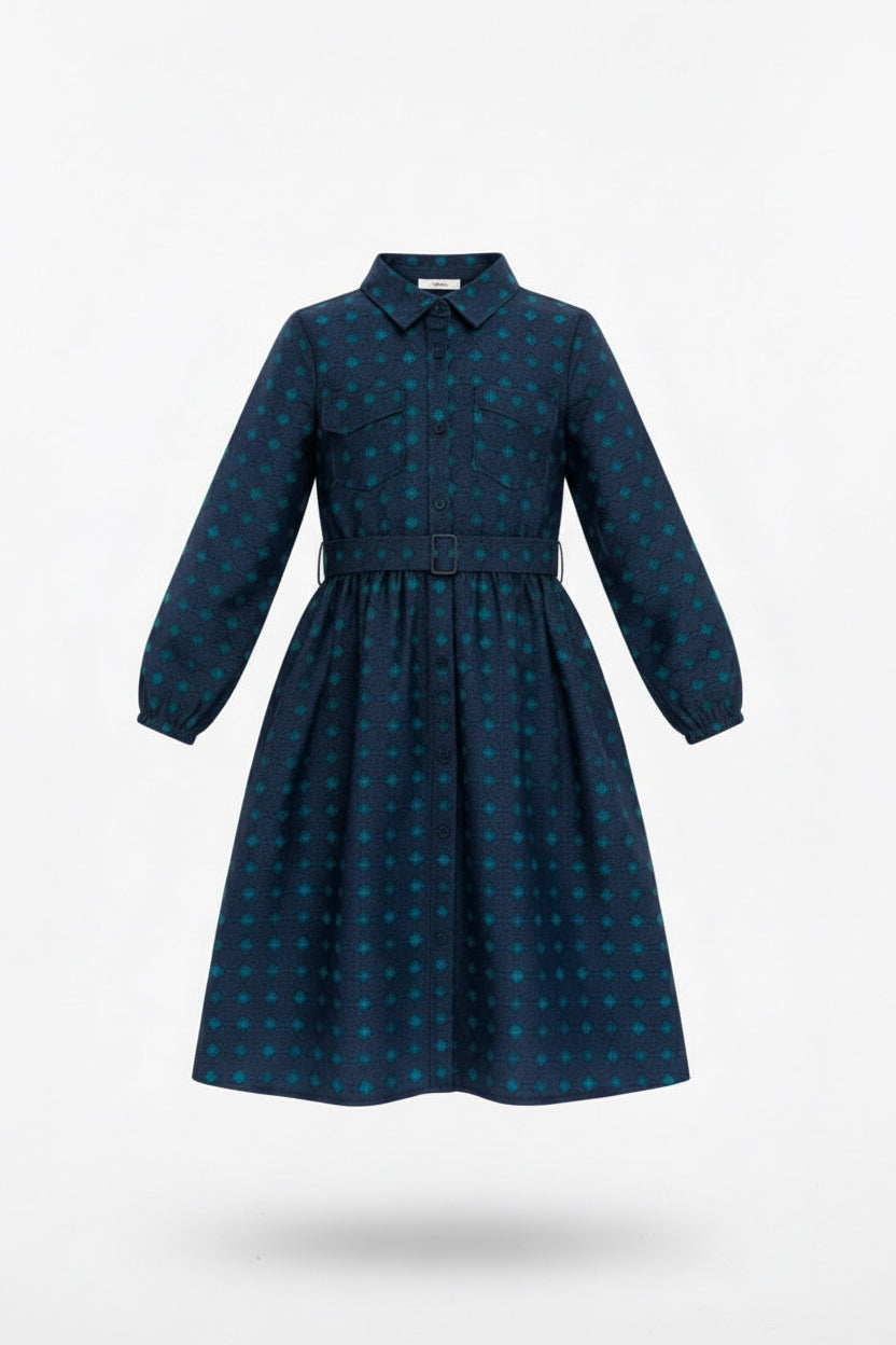 Girls' Blue Denim Cyan Prints Ruffle Sleeve Floral Belted Dress (2-12 Years) | MH