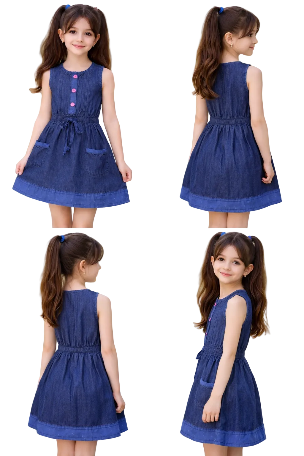 Girls Blue Denim Button-Cut Sleeve Solid Tunic (2–12 Years)