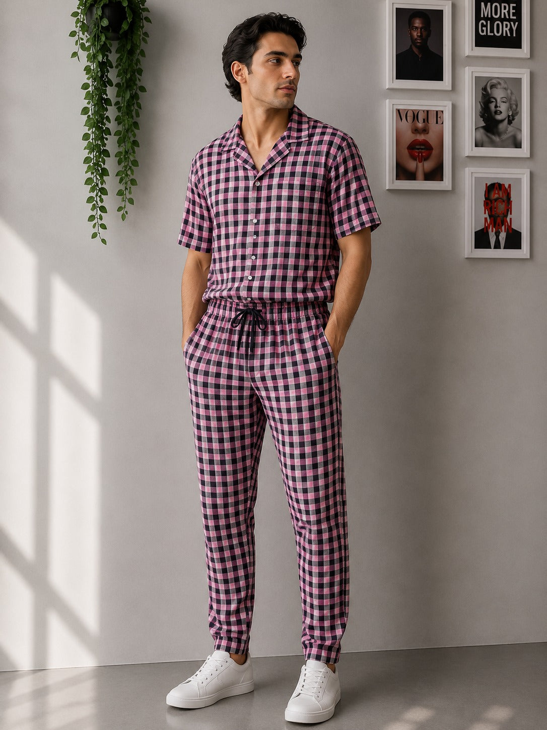 Men's Red, Black, and White Checkered Loungewear Set | Sizes S-XXL | MH