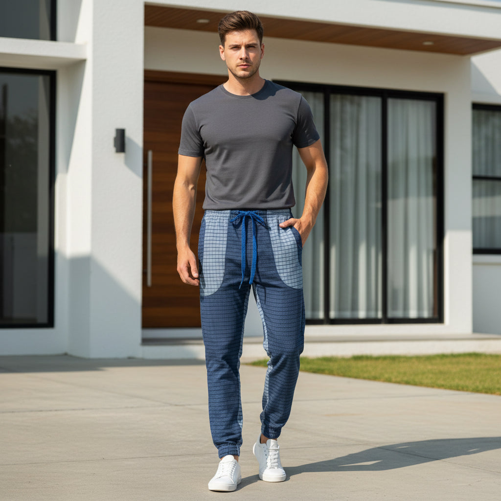 Men’s Textured Grid Panel Joggers – Slim Fit Checkered Sweatpants | 3 Colors | Sizes- S-XL | MH