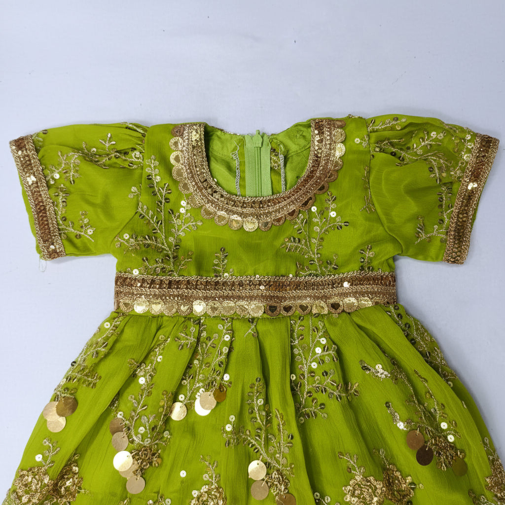 Girls Dress Omani Lime Green Floral Embroidered-Sequined Heritage Wear | (Age 2 Years) | MH