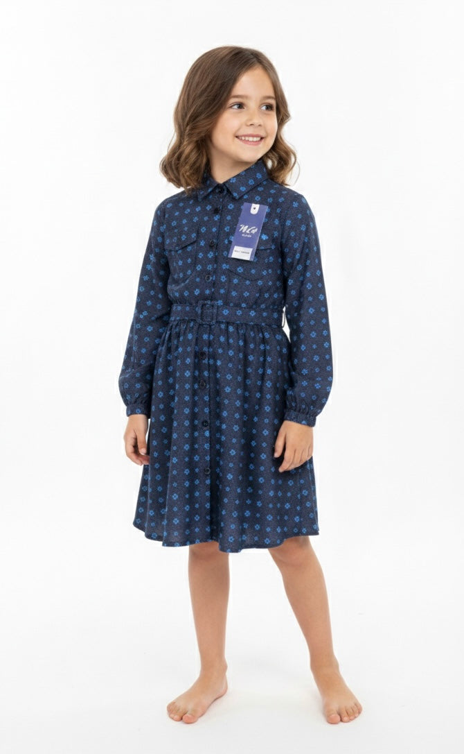 Girls' Blue Denim Cyan Prints Ruffle Sleeve Floral Belted Dress (2-12 Years) | MH
