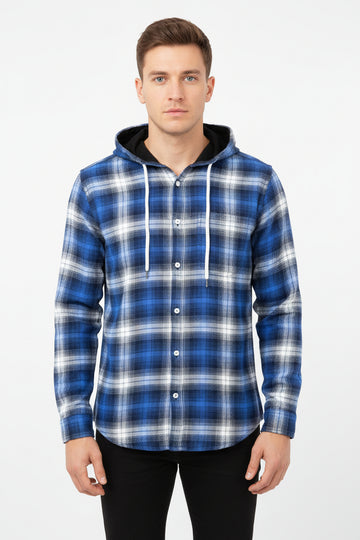 Men’s Blue White Plaid Flannel Hoodie Shirt with Drawstring Hood | Sizes S-XXL | MH