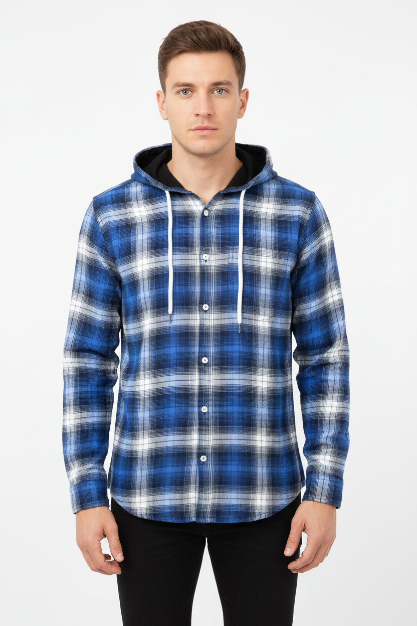 Men’s Blue White Plaid Flannel Hoodie Shirt with Drawstring Hood | Sizes S-XXL | MH