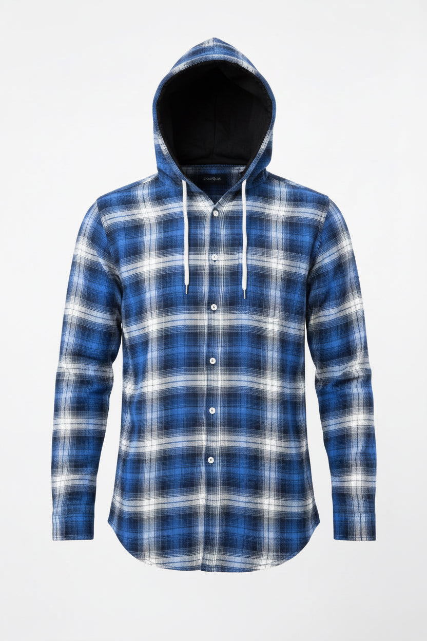 Men’s Blue White Plaid Flannel Hoodie Shirt with Drawstring Hood | Sizes S-XXL | MH