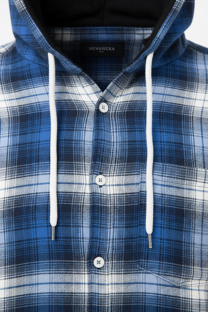 Men’s Blue White Plaid Flannel Hoodie Shirt with Drawstring Hood | Sizes S-XXL | MH