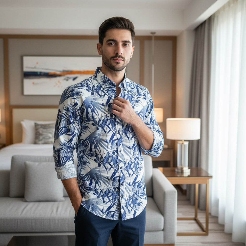 Premium Blue & White Tropical Print Men's Long Sleeve Shirt | MH