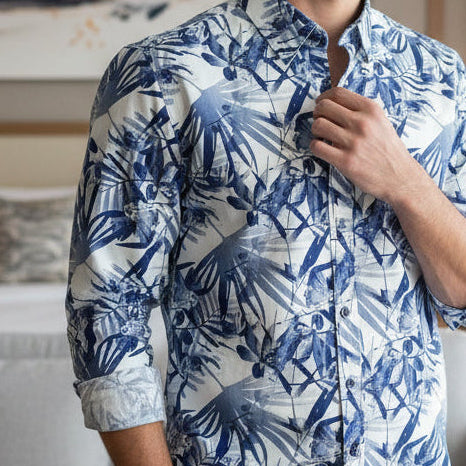 Premium Blue & White Tropical Print Men's Long Sleeve Shirt | MH