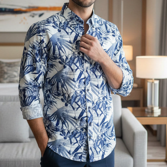 Premium Blue & White Tropical Print Men's Long Sleeve Shirt | MH