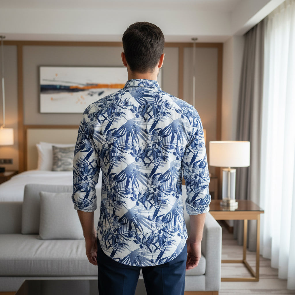 Premium Blue & White Tropical Print Men's Long Sleeve Shirt | MH