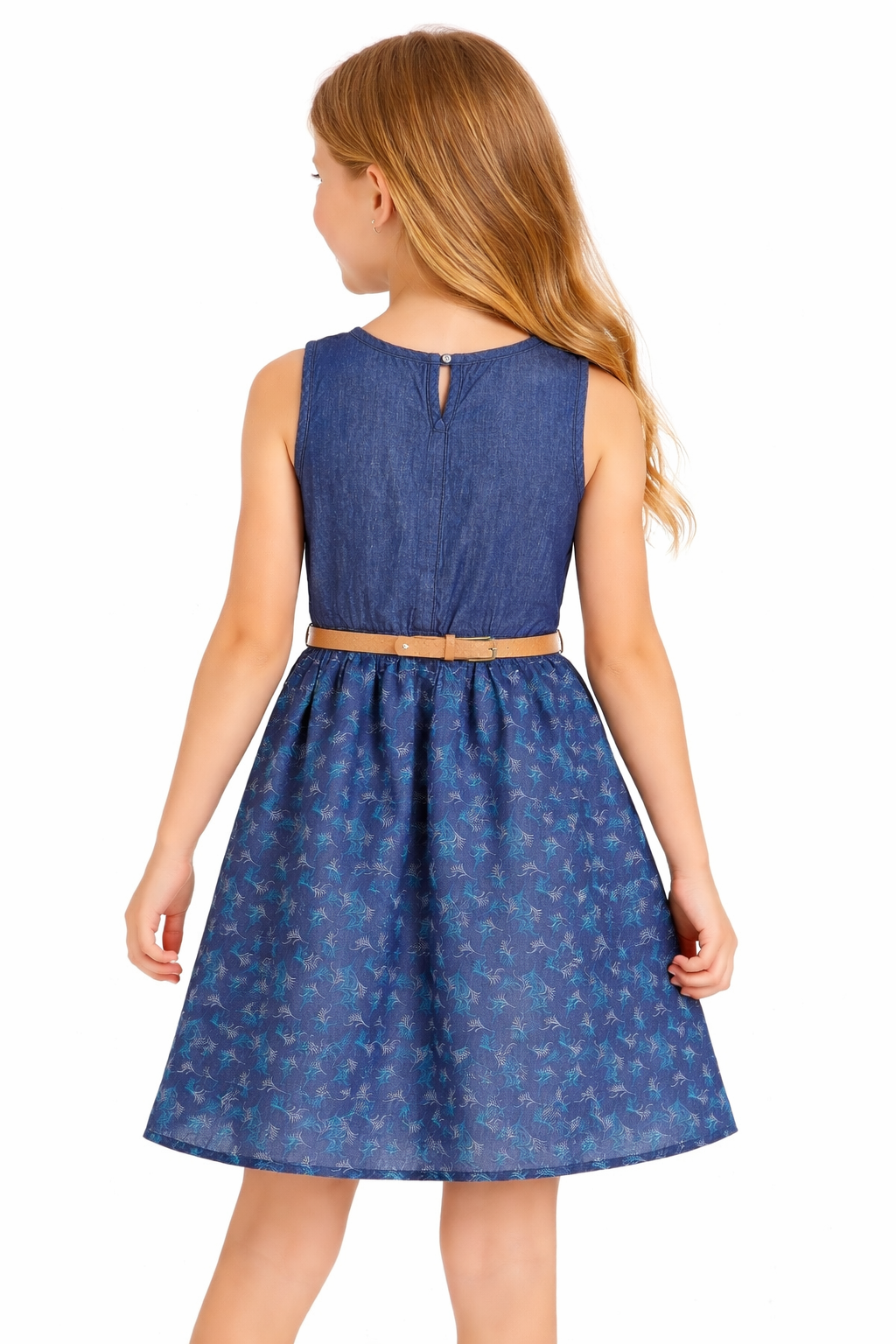 Sleeveless Navy Denim Floral Chambray Dress for Girls with Tan Belt | MH Kids Casual Sundress