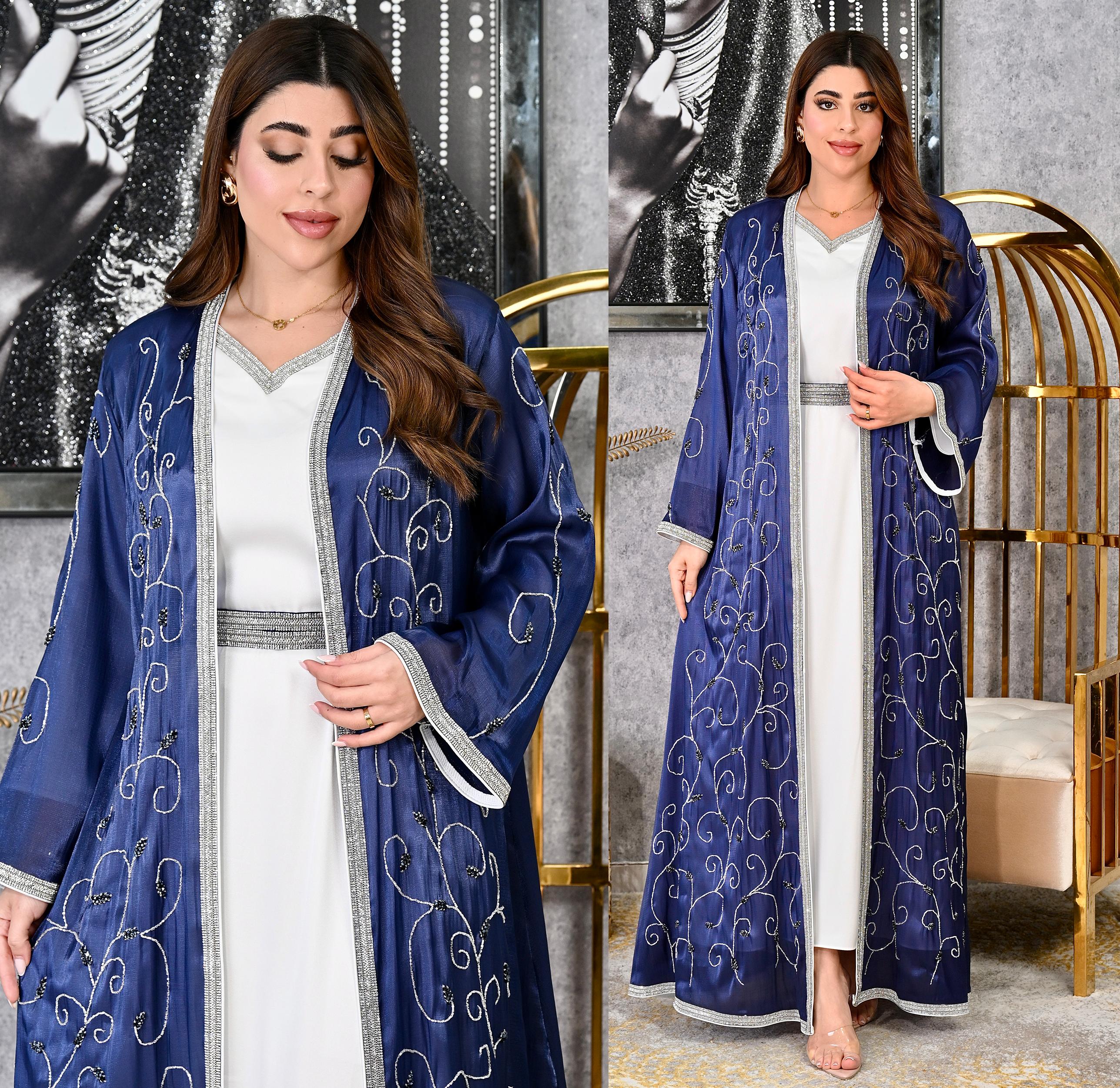 Diamond Trim Embroidered Kaftan with Inner Dress | Modest Evening Wear | 4 Colors | Sizes S-XL | MH