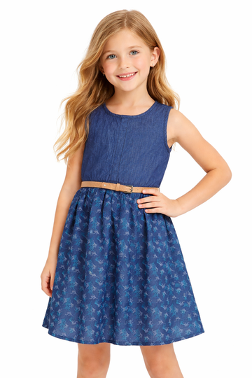 Sleeveless Navy Denim Floral Chambray Dress for Girls with Tan Belt | MH Kids Casual Sundress