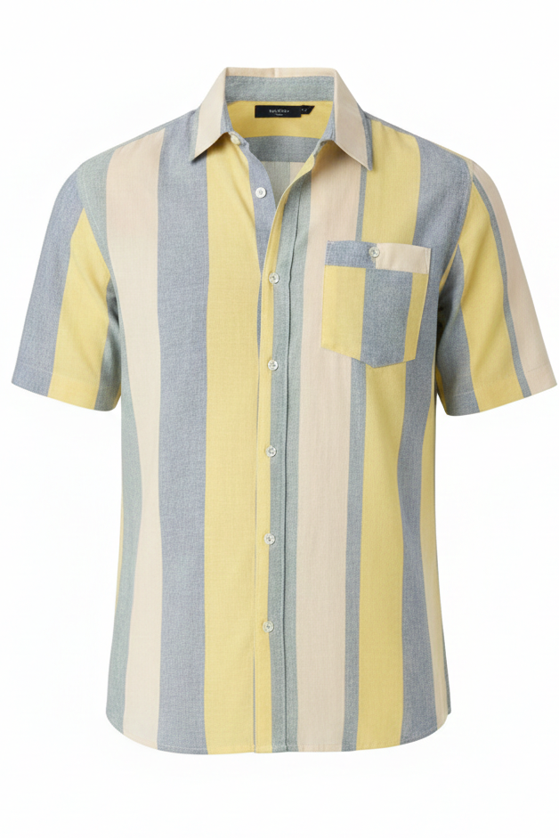 Men’s Yellow Blue & Cream Bold Stripe Short Sleeve Shirt | Contrast Chest Pocket Relaxed Fit | Casual Summer | Sizes S–XL | MH