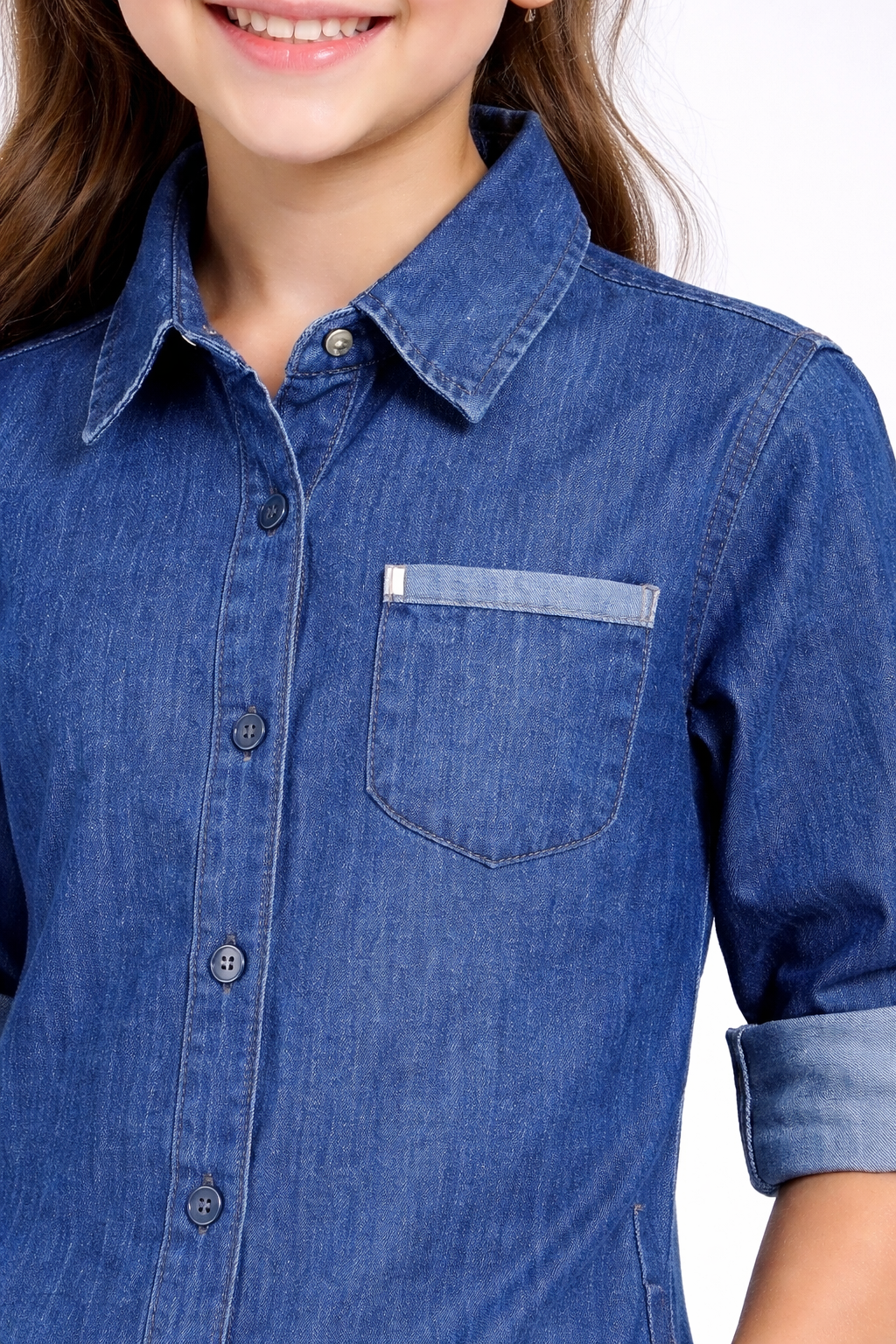 Classic Blue Denim Shirt Dress for Girls with Contrast Pocket Detail | MH