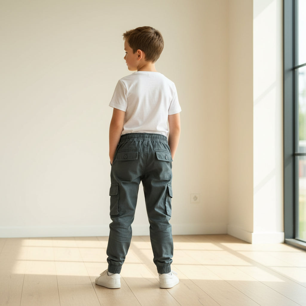 Boys Cargo Jogger Pants Dark Green 1-8 Years - Kids Casual Trousers with Pockets | MH