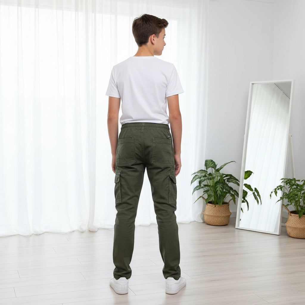 Teen Boys Cargo Pants Olive Green 9-16 Years | Drawstring Jogger Cargo Trousers | MH