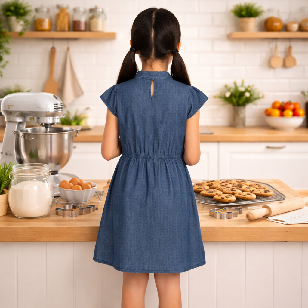 Girls Blue Denim Cap Sleeve Casual Dress with Elastic Waist (2–12 Years)