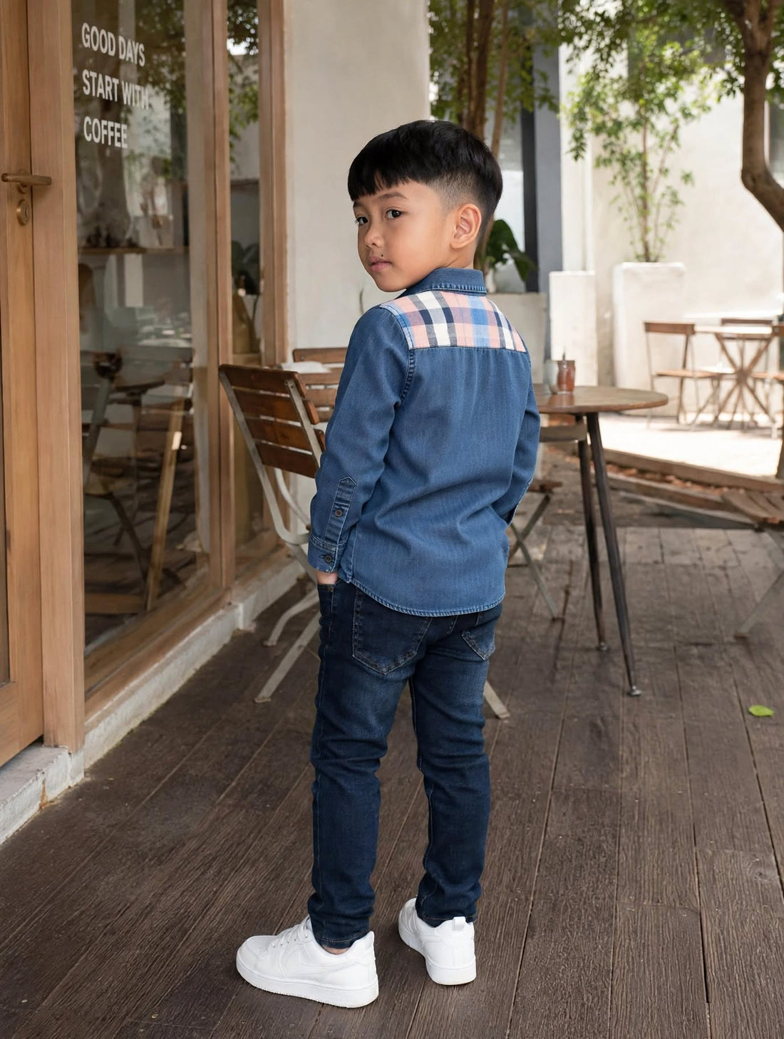 Boys Navy Blue Cotton Long Sleeve Shirt | Pink Plaid Contrast Yoke & Pocket | Ages 2–12 Years | MH