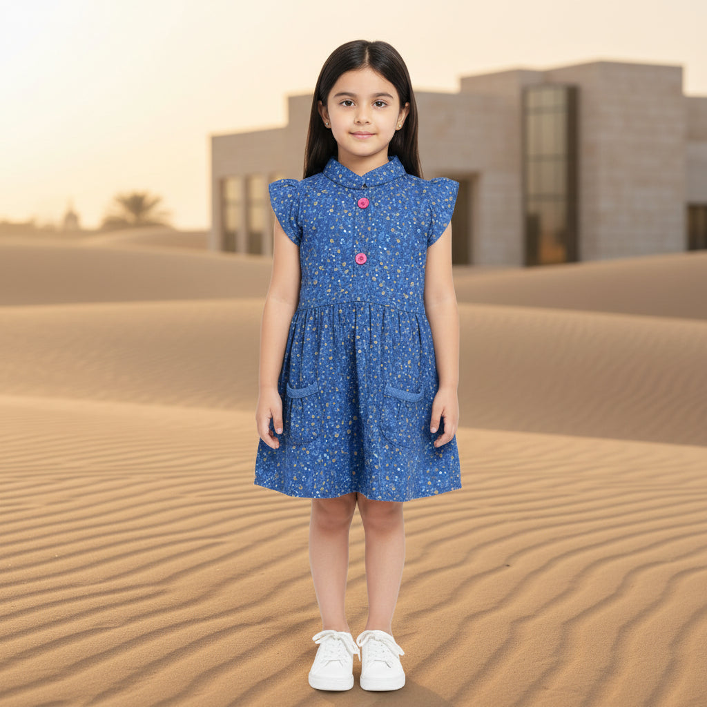 Girls' Navy Floral Short Sleeve Dress – Cotton A-Line Summer Dress with Pockets (6-12Month) | MH