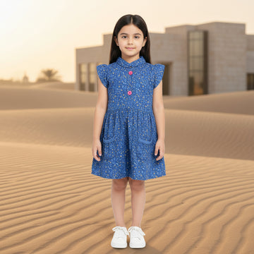 Girls' Navy Floral Short Sleeve Dress – Cotton A-Line Summer Dress with Pockets (6-12Month) | MH