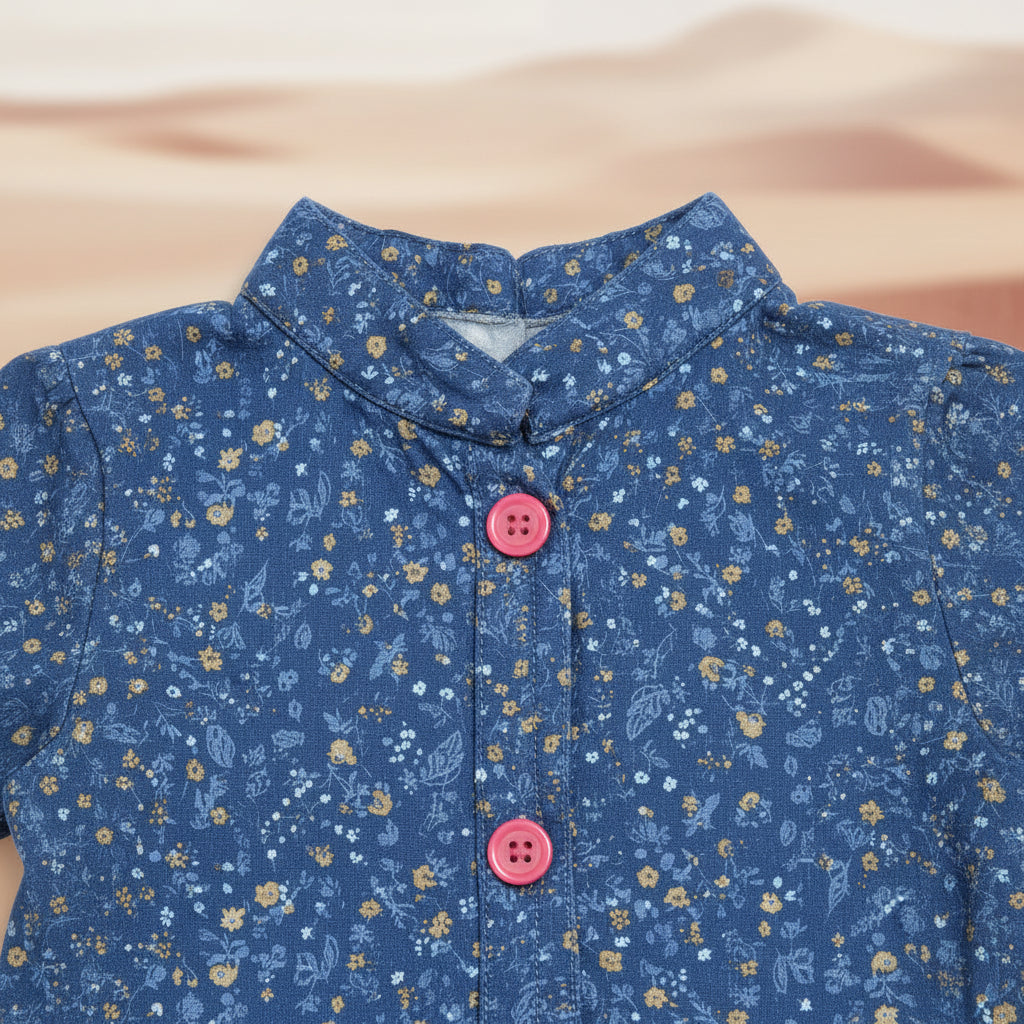Girls' Navy Floral Short Sleeve Dress – Cotton A-Line Summer Dress with Pockets (6-12Month) | MH