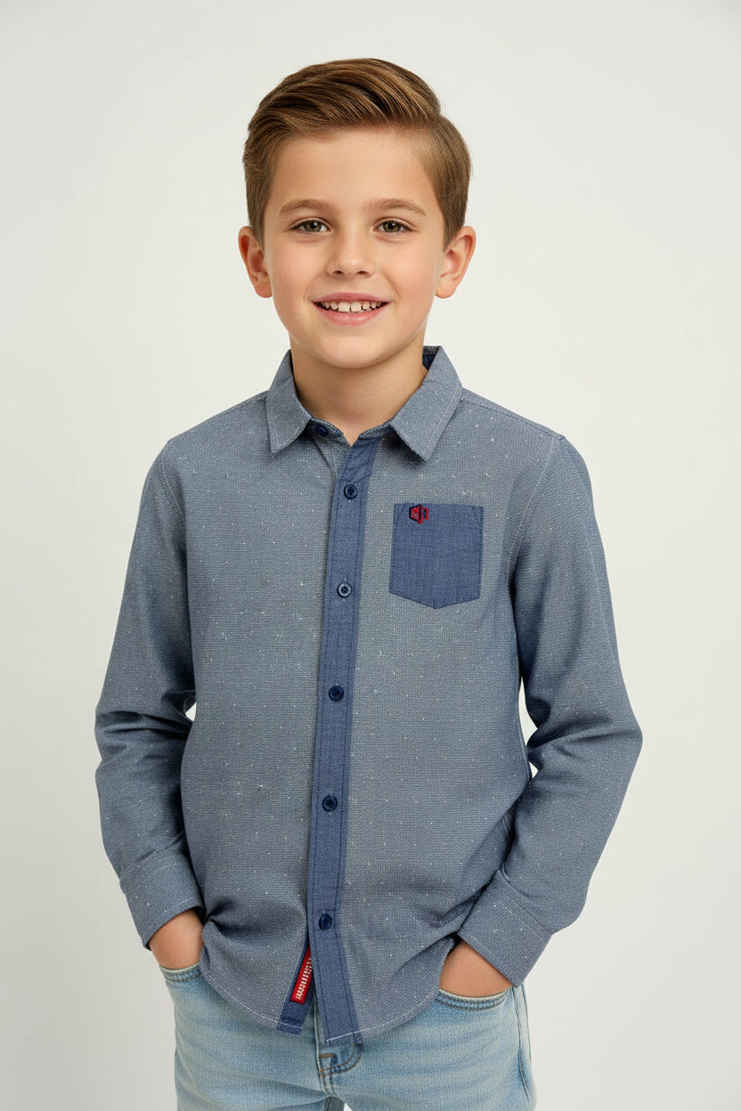 Boys’ Grey Long Sleeve Button-Up Shirt Chambray Pocket Casual | Sizes 2-12Years | MH