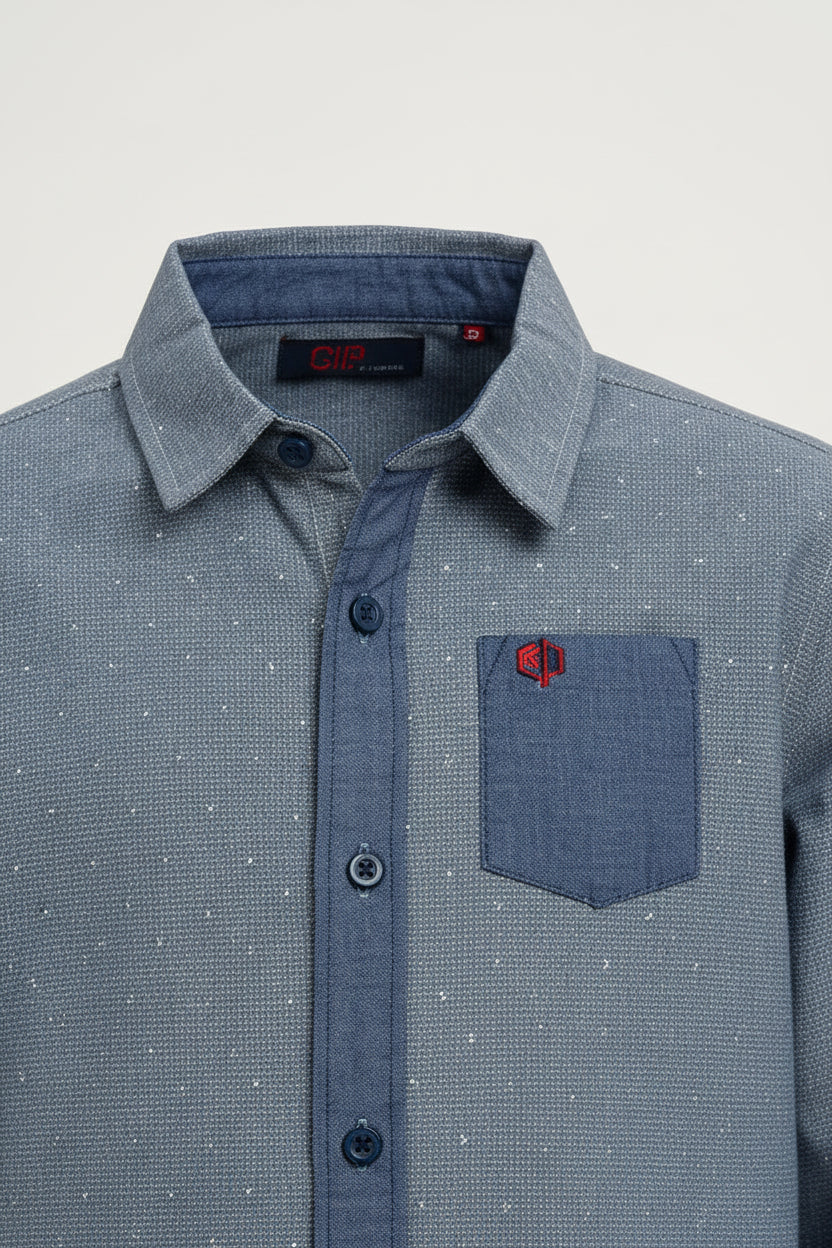 Boys’ Grey Long Sleeve Button-Up Shirt Chambray Pocket Casual | Sizes 2-12Years | MH