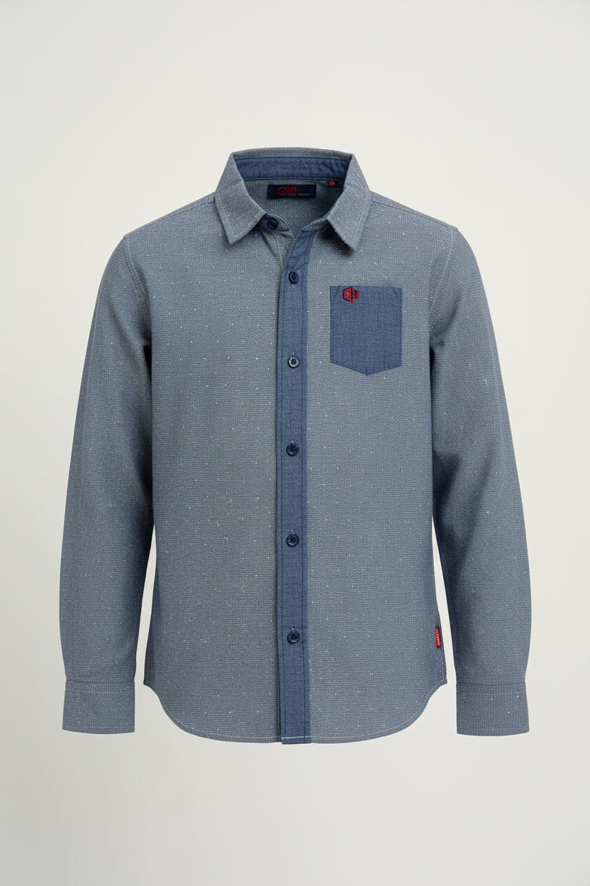 Boys’ Grey Long Sleeve Button-Up Shirt Chambray Pocket Casual | Sizes 2-12Years | MH