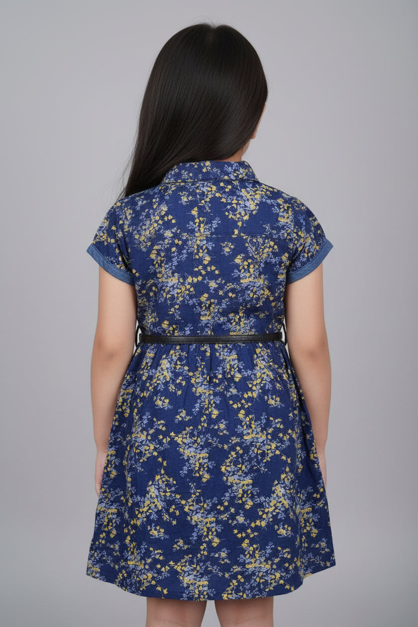 Girls' Navy Floral Short Sleeve Dress – Cotton A-Line Summer Dress with Belt | Sizes (2-12 Years) | MH
