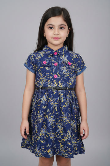 Girls' Navy Floral Short Sleeve Dress – Cotton A-Line Summer Dress with Belt | Sizes (2-12 Years) | MH