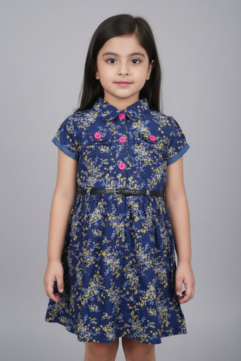 Girls' Navy Floral Short Sleeve Dress – Cotton A-Line Summer Dress with Belt | Sizes (2-12 Years) | MH