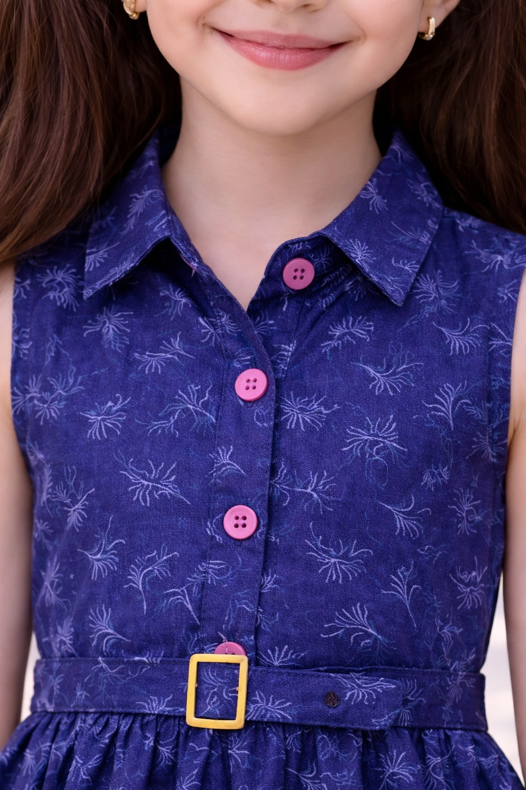 Girls Flower Printed Blue Denim Button-Cut Sleeve With Waist Belt Tunic (2–12 Years)