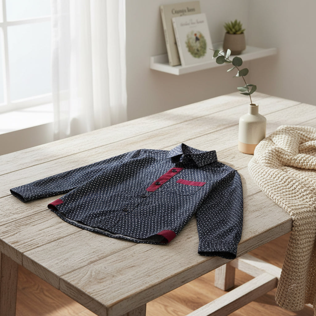 Boys’ Blue Red Trim Long Sleeve Shirt Button Up Dotted Print | Sizes 2-12 Years | MH