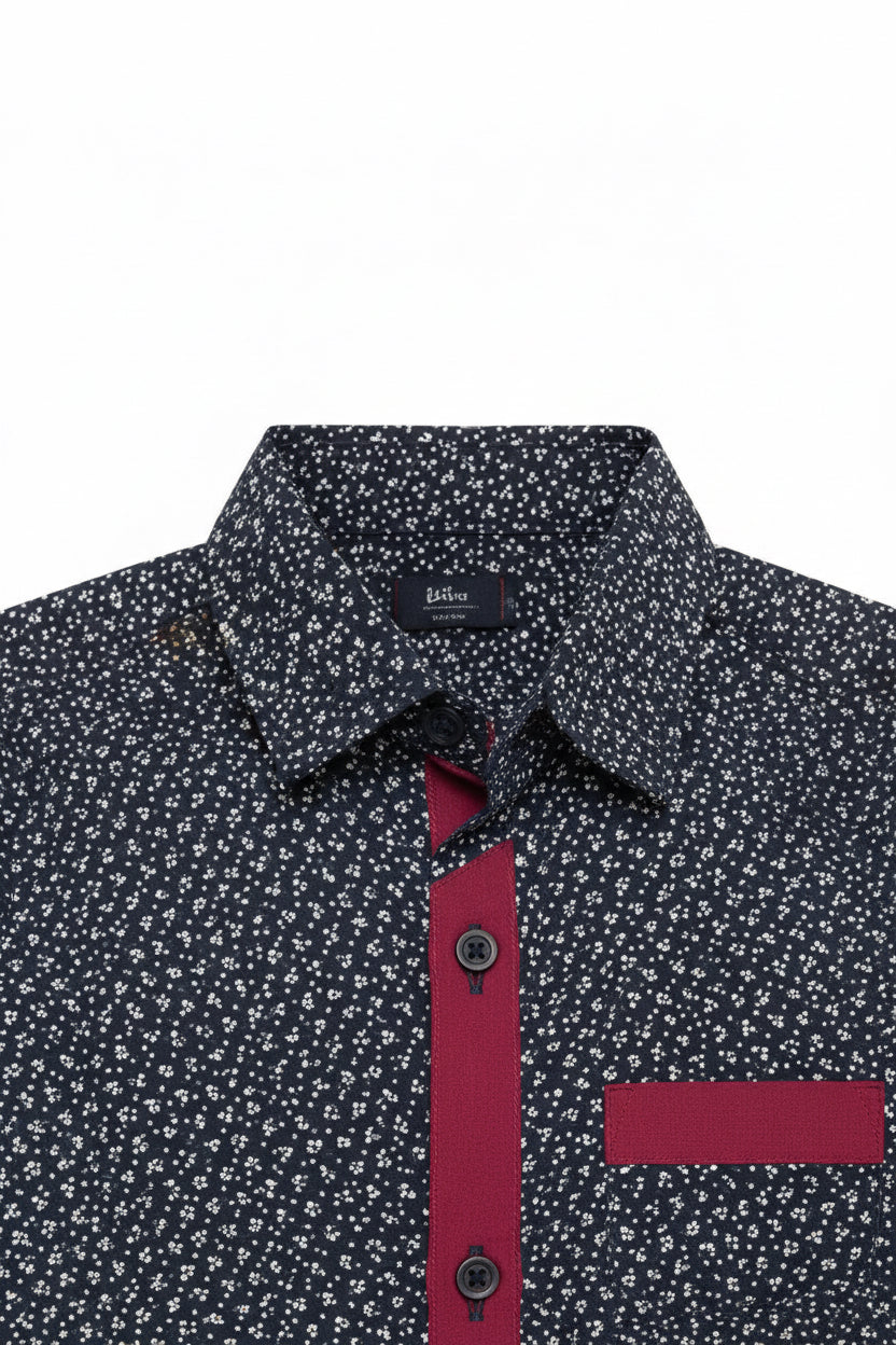 Boys’ Blue Red Trim Long Sleeve Shirt Button Up Dotted Print | Sizes 2-12 Years | MH
