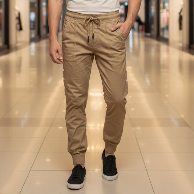 Men’s Beige Casual Jogger Pants 17-24 Years - Comfortable Drawstring Trousers with Pockets | MH
