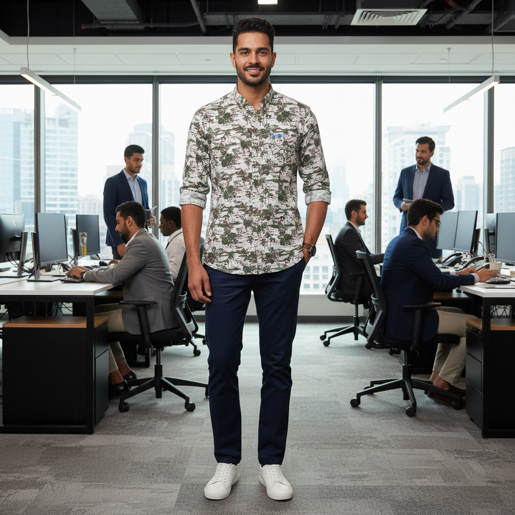 Men's Sage Green Urban Landscape Print Shirt | MH