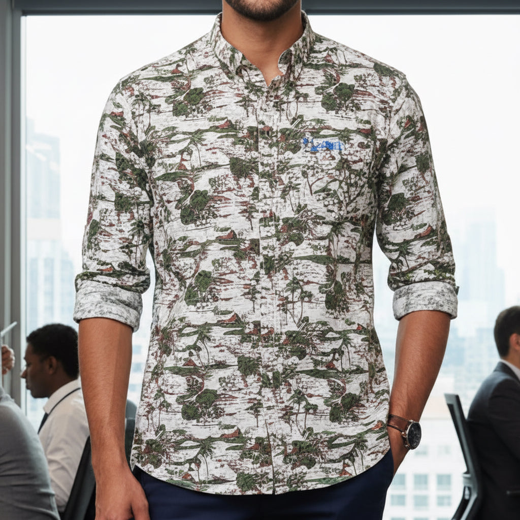 Men's Sage Green Urban Landscape Print Shirt | MH