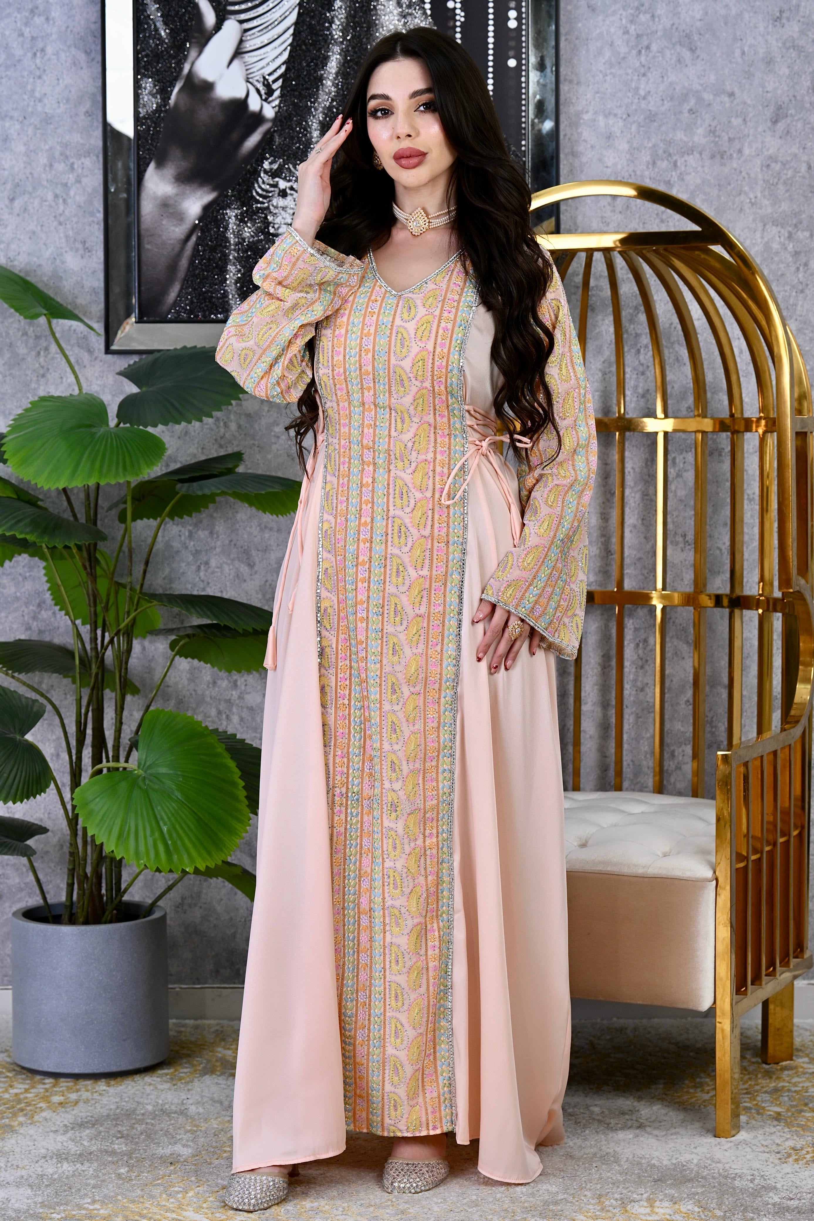 Crystal Panel Crepe Royal Tapestry Embroidered Dress with Adjustable Waist | Modest Evening Wear Dubai Occasion Kaftan | 4 Colors | Sizes F1-F2 | MH